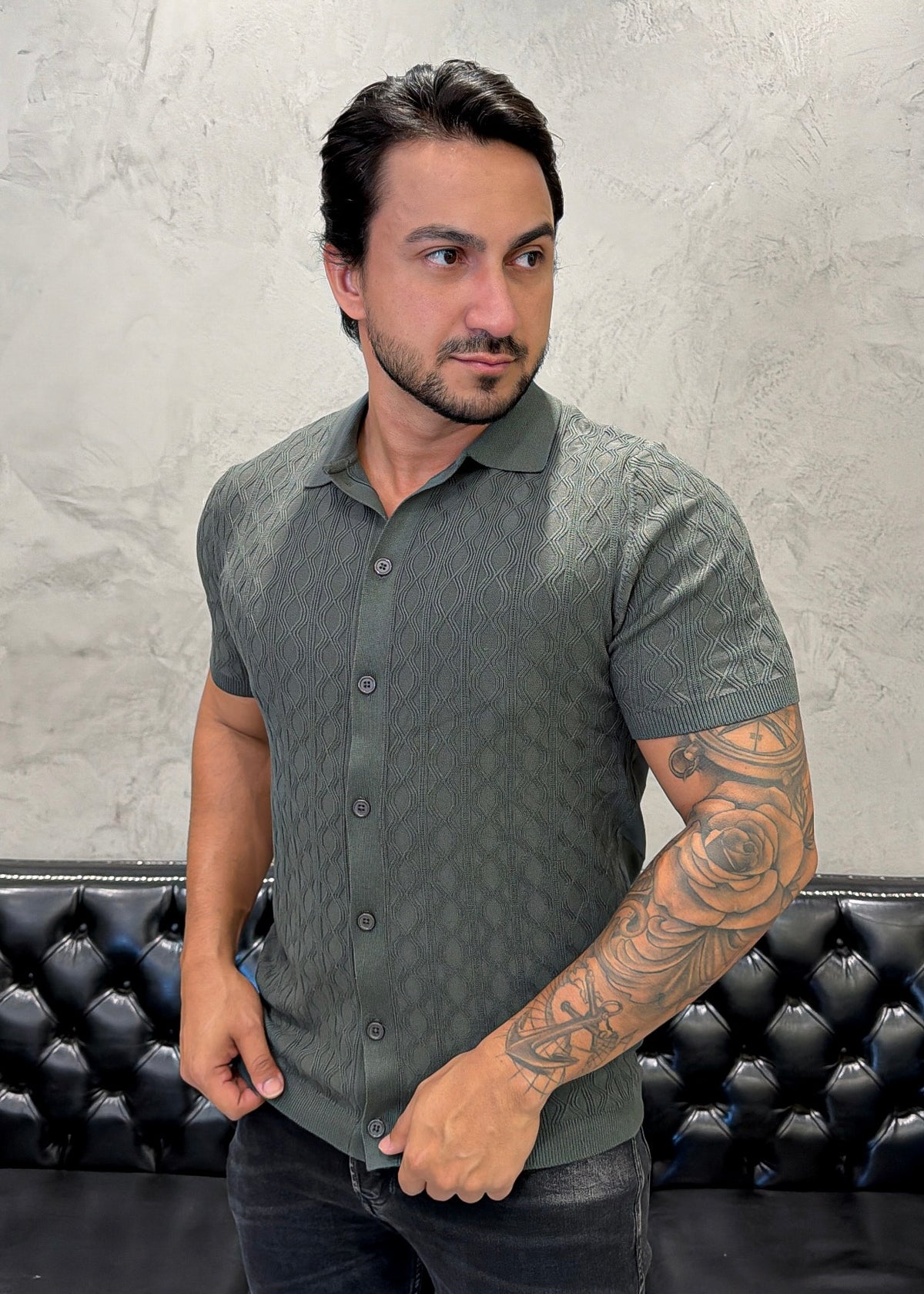 Camisa Tricot Luxo Botão Cinza
