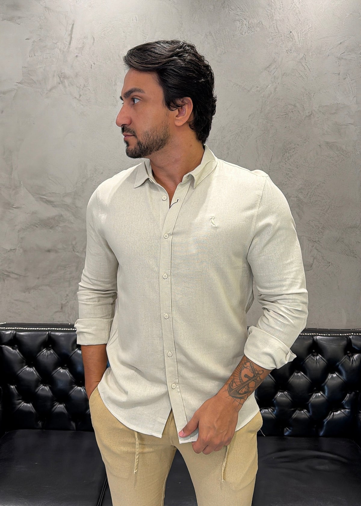 Camisa Reserva M/L Linho Areia