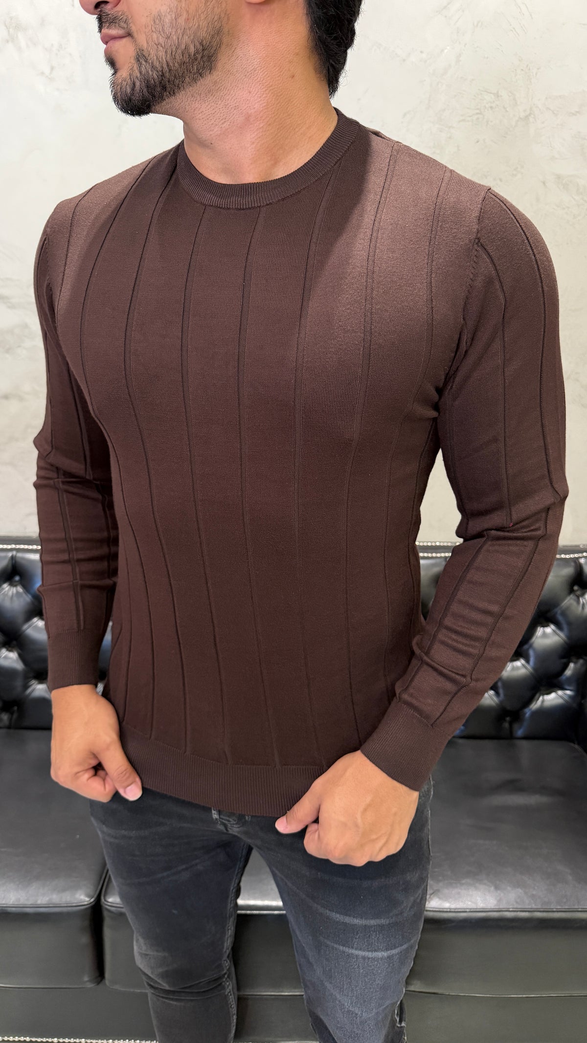 Suéter em Tricô Canelada Marrom