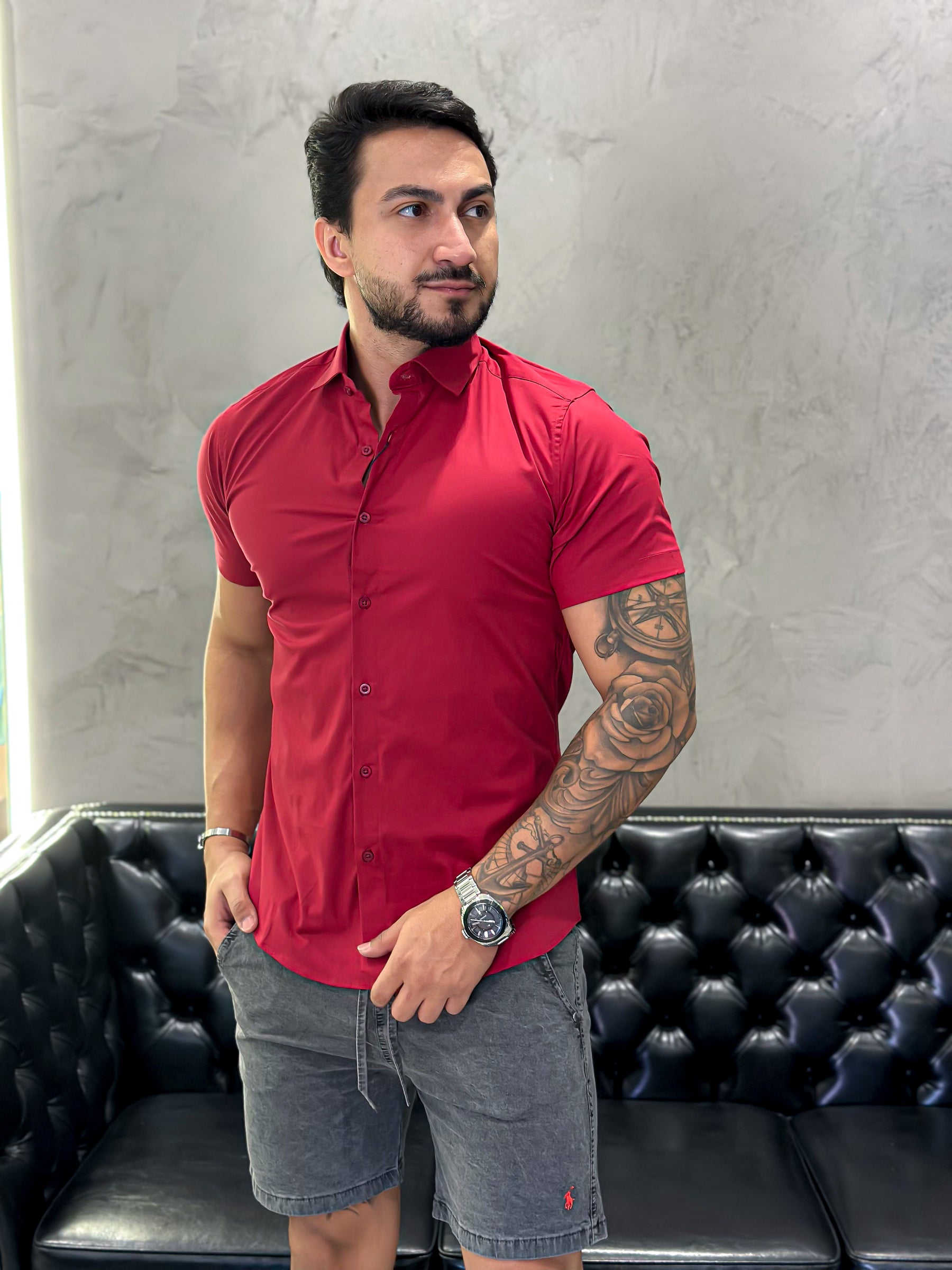 Camisa M/Curta Super Slim  Bordo