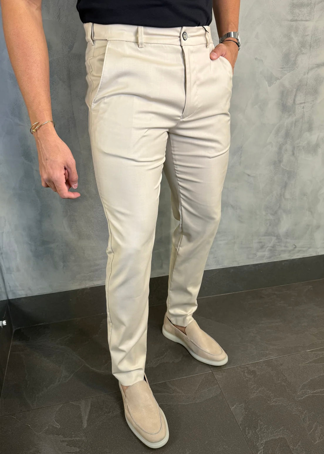 Calça Alfaiataria Cintura Elástica Bege