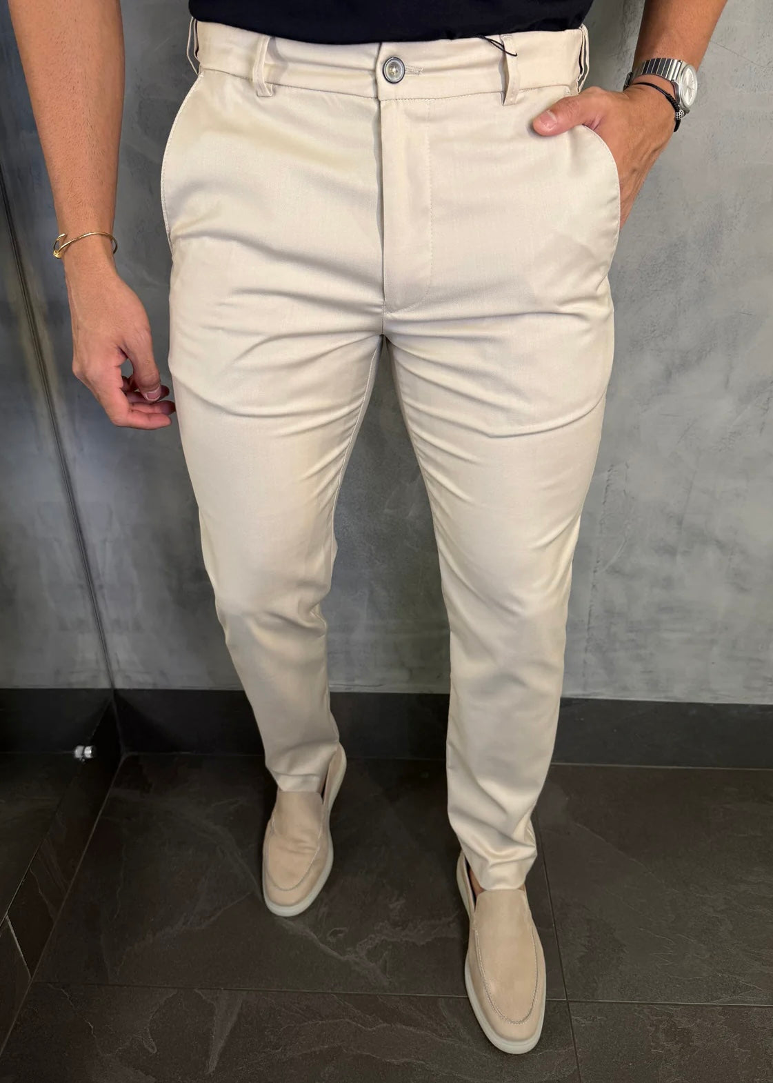 Calça Alfaiataria Cintura Elástica Bege