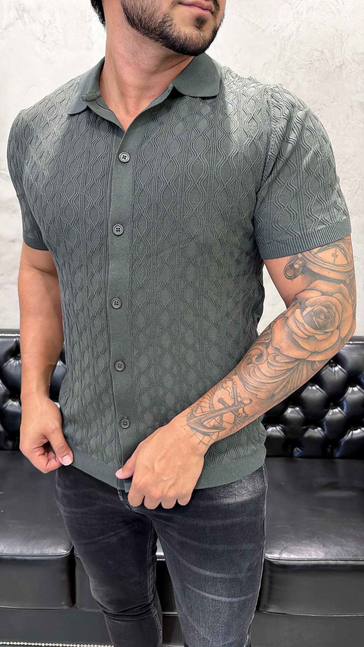 Camisa Tricot Luxo Botão Cinza