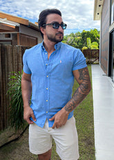 Camisa Linho Ralph Lauren M/C Azul