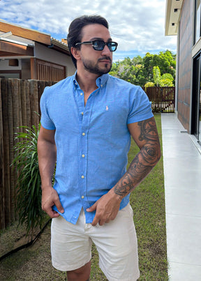 Camisa Linho Ralph Lauren M/C Azul
