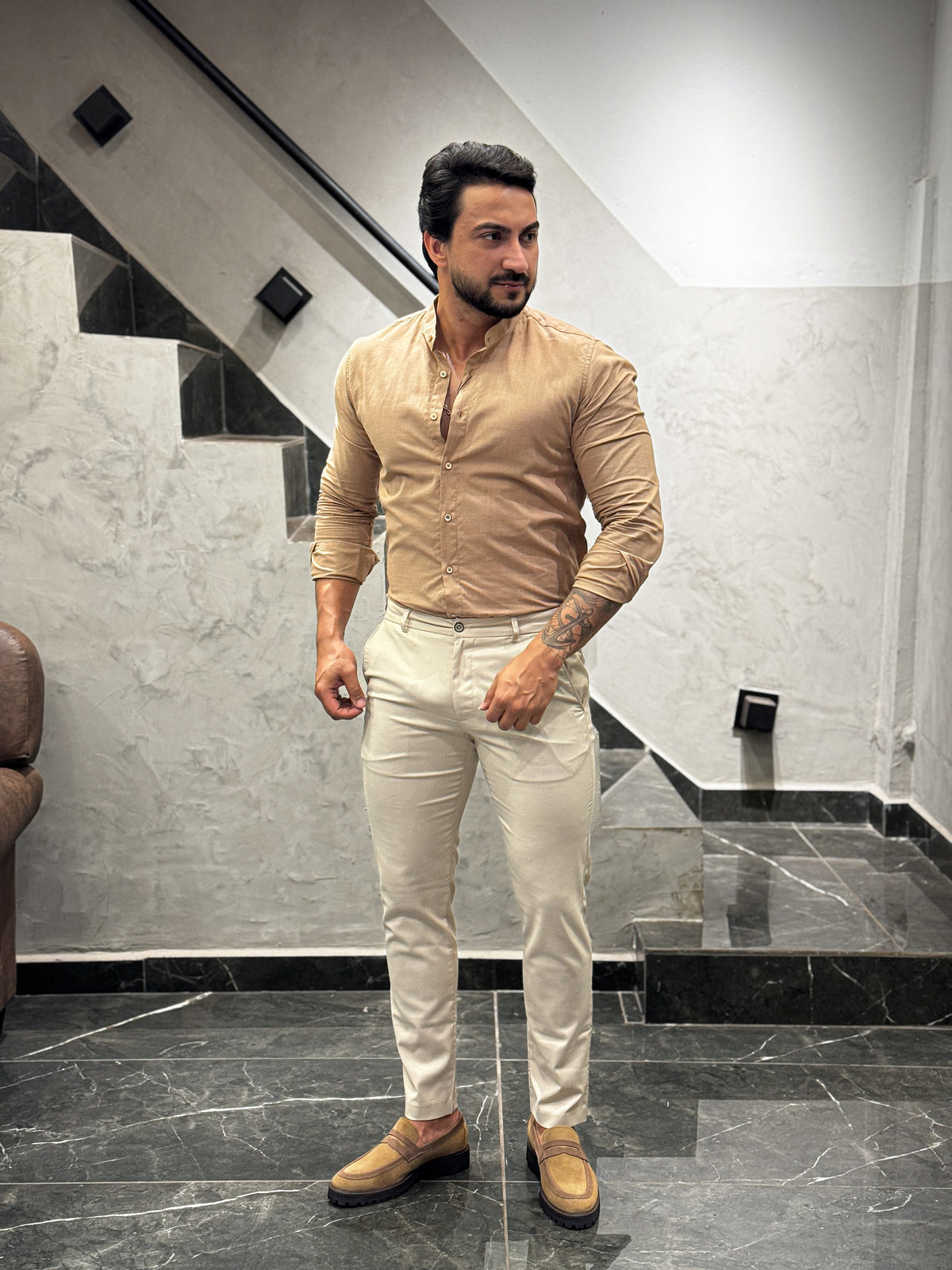 Camisa Super Slim Gola Padre Areia
