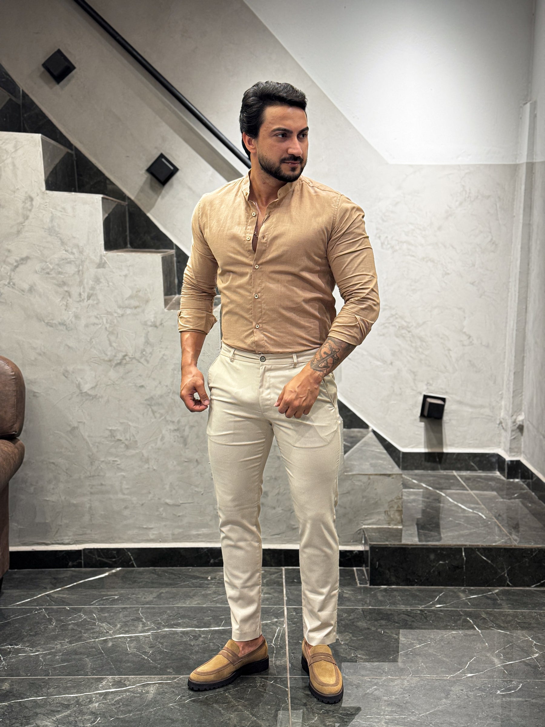 Camisa Super Slim Gola Padre Areia