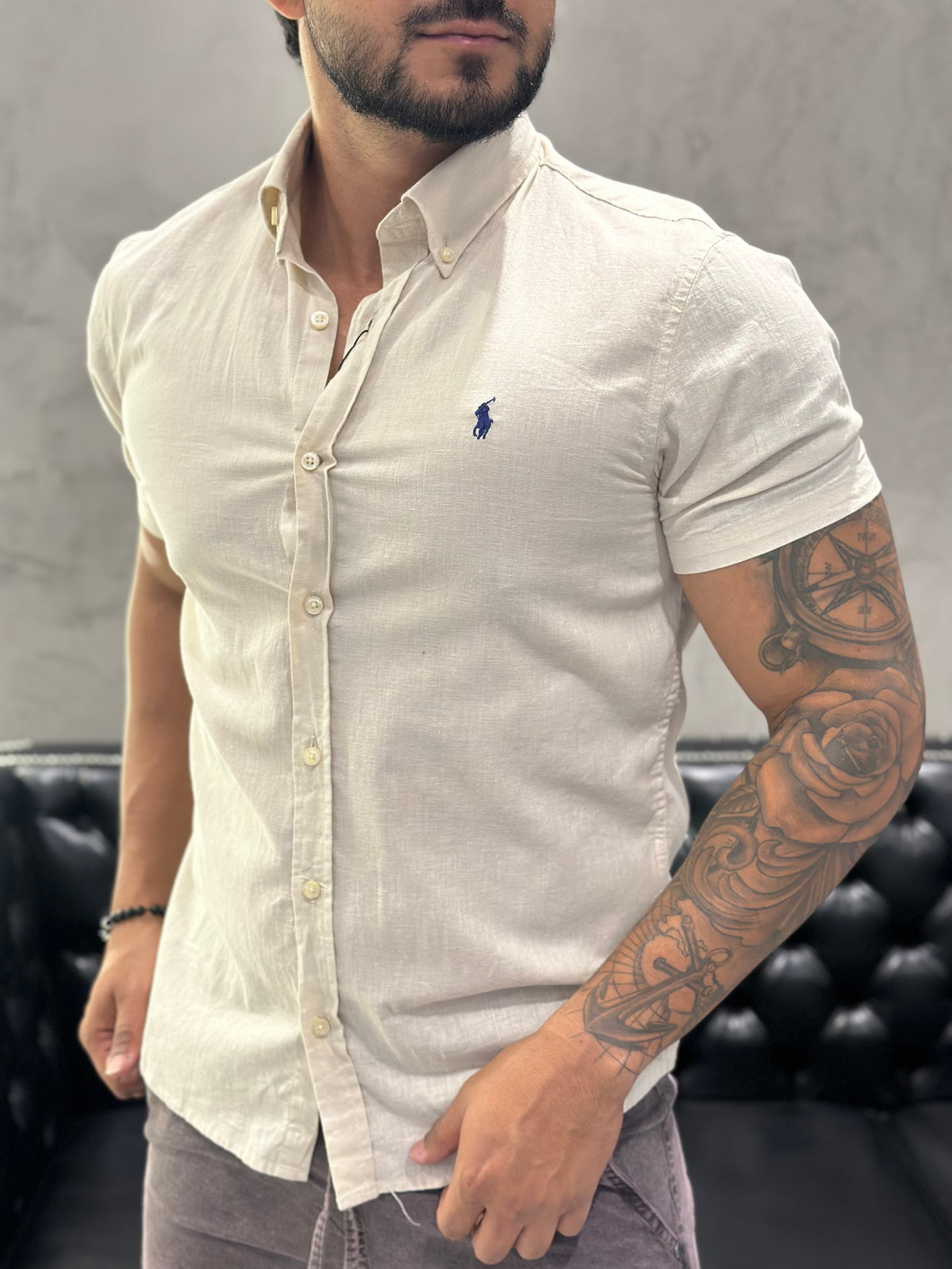 Camisa Ralph Lauren M/Curta Linho Areia