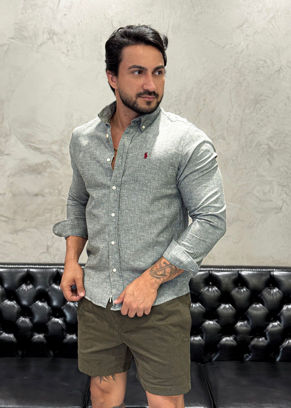 Camisa M/L Ralph Lauren Linho Cinza
