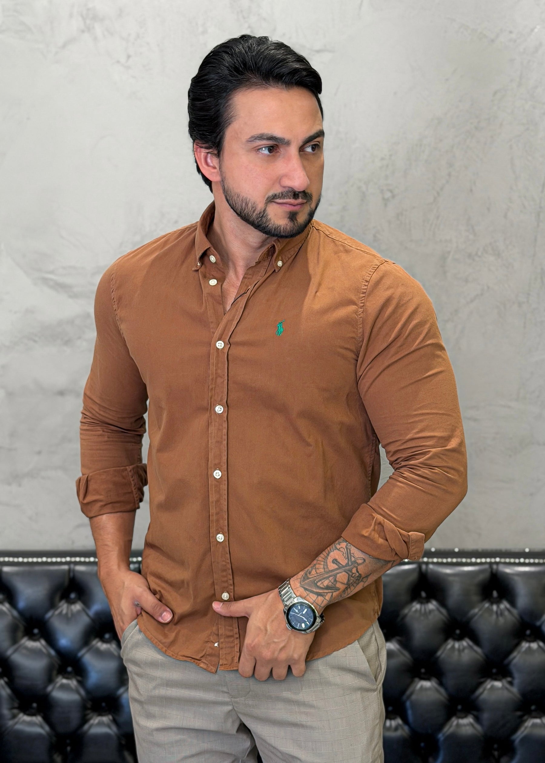 Camisa Ralph Lauren M/Longa Tinturada Marrom