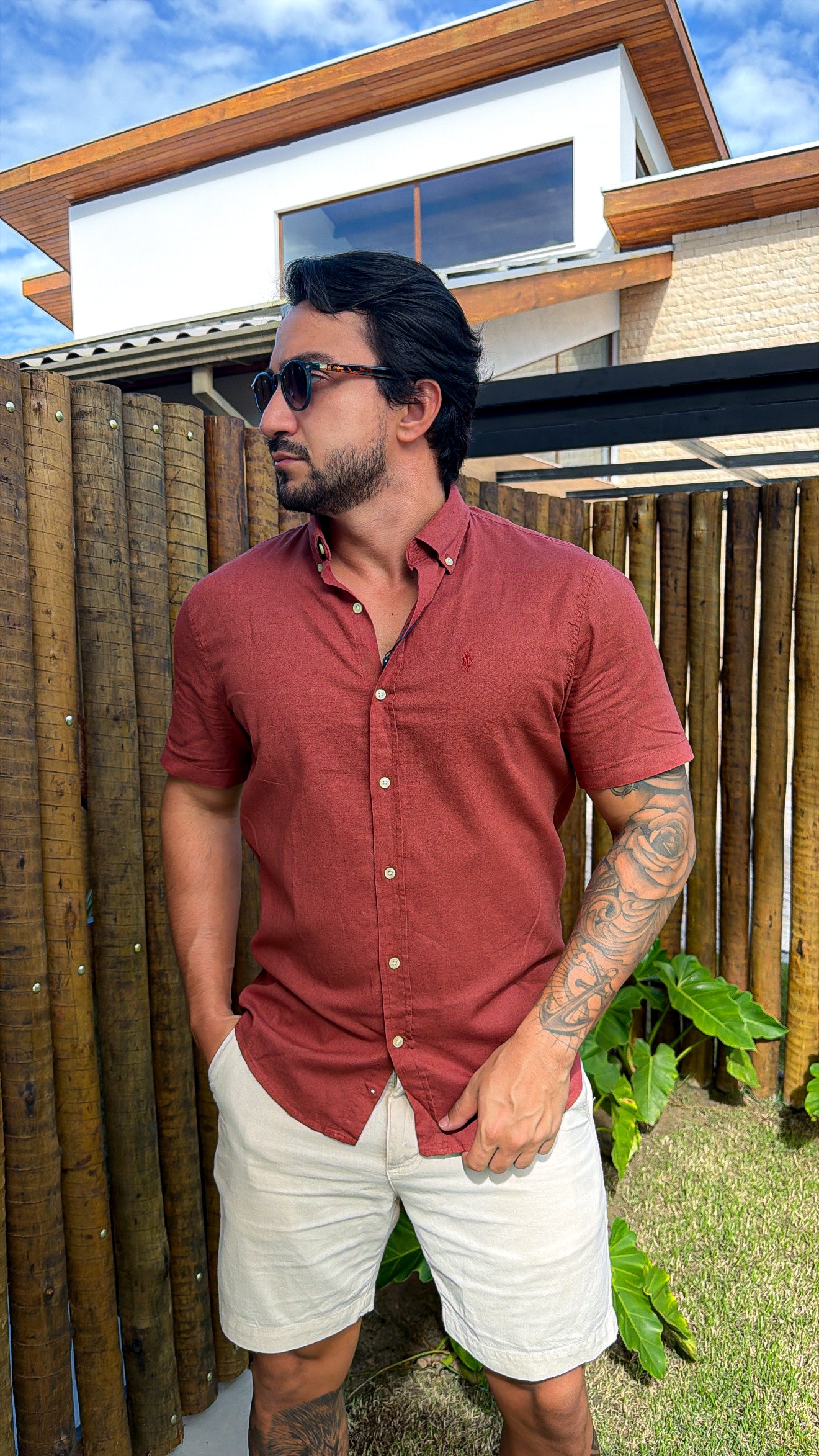 Camisa Linho Ralph Lauren M/C Bordo