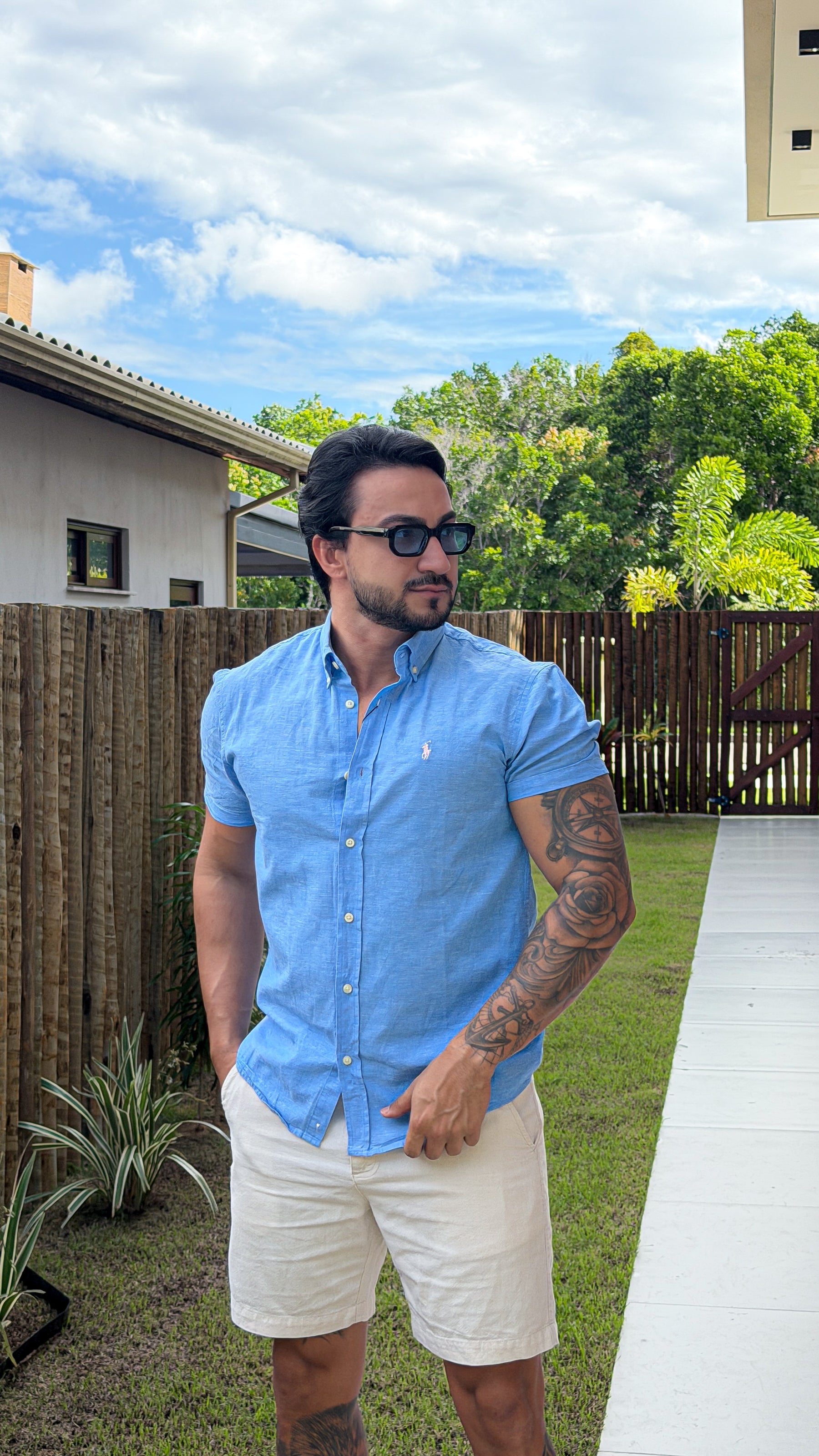 Camisa Linho Ralph Lauren M/C Azul
