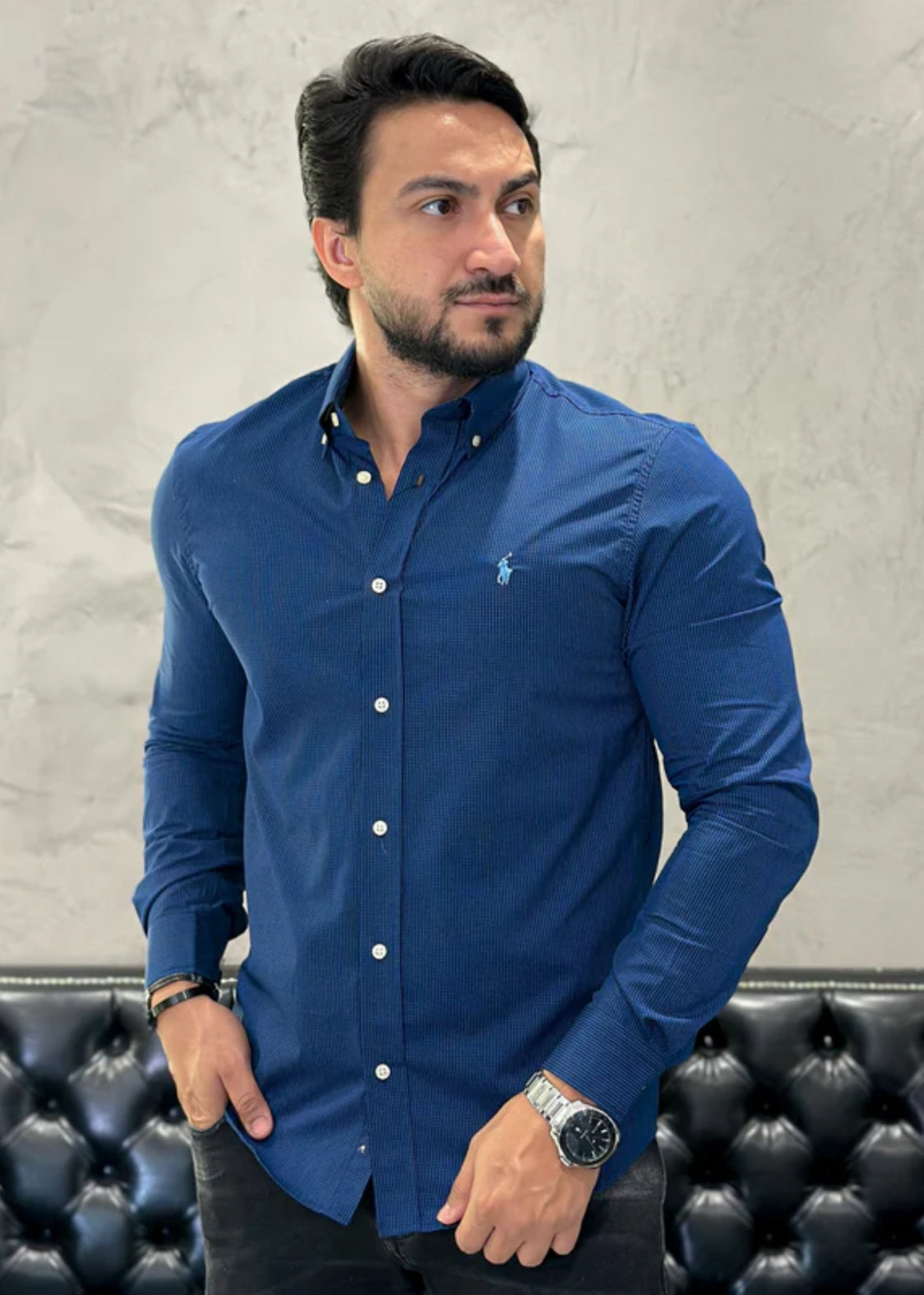 Camisa Ralph Lauren M/L Microxadrez Marinho