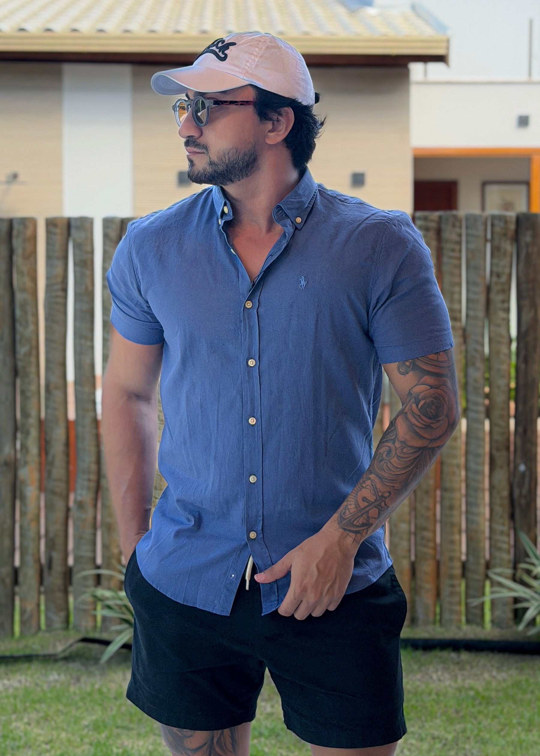 Camisa Linho Ralph Lauren M/C Marinho