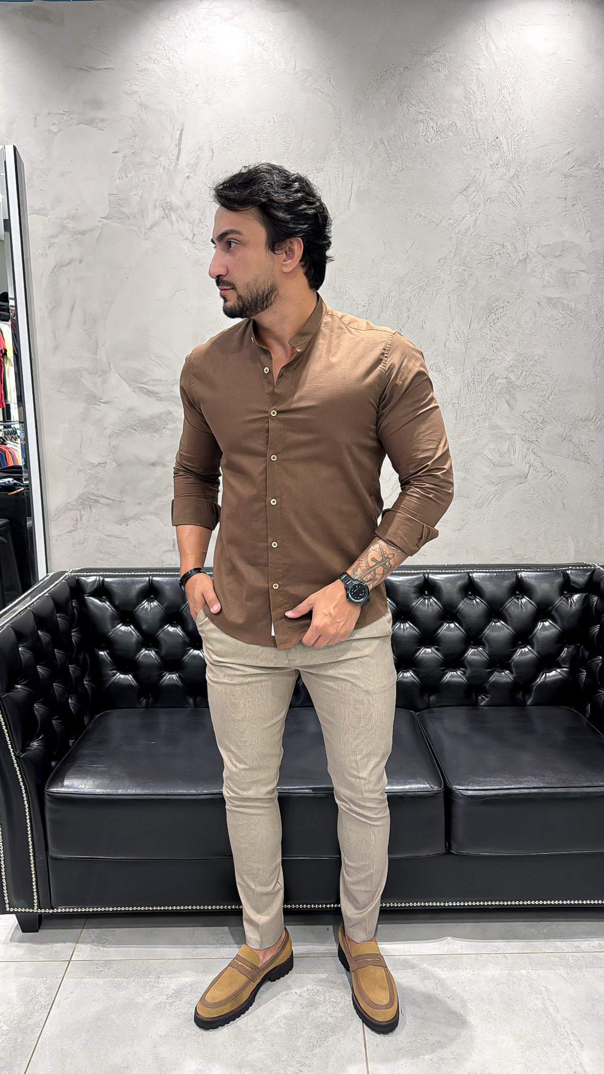 Camisa Super Slim Gola Padre Marrom