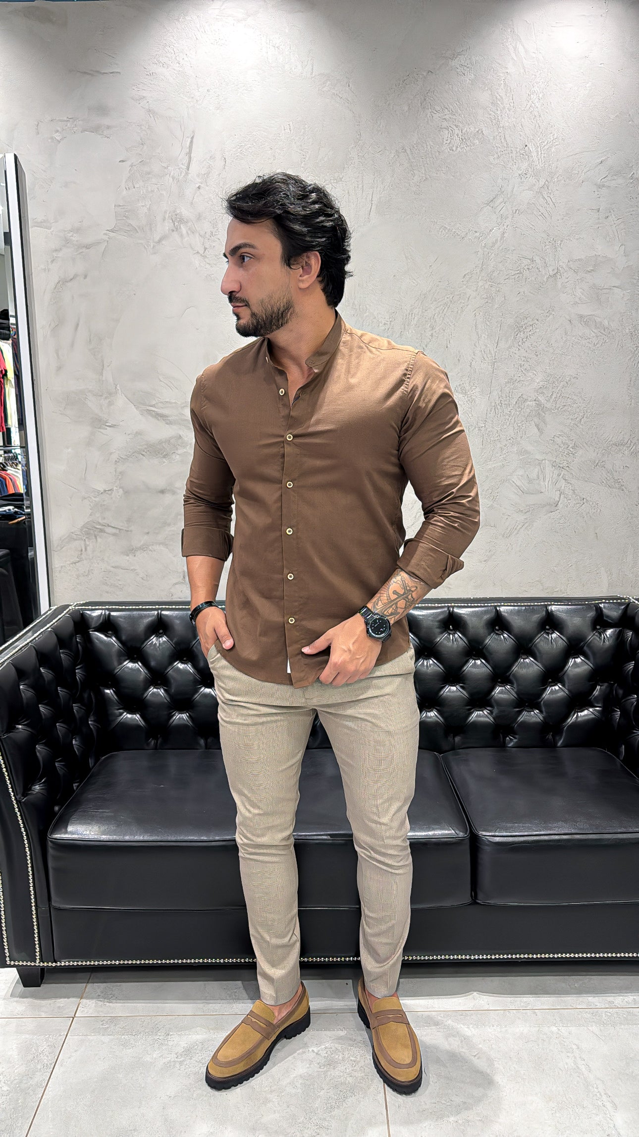 Camisa Super Slim Gola Padre Marrom