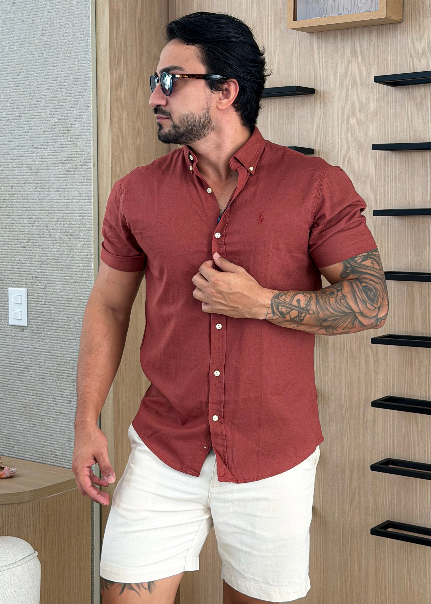 Camisa Linho Ralph Lauren M/C Bordo