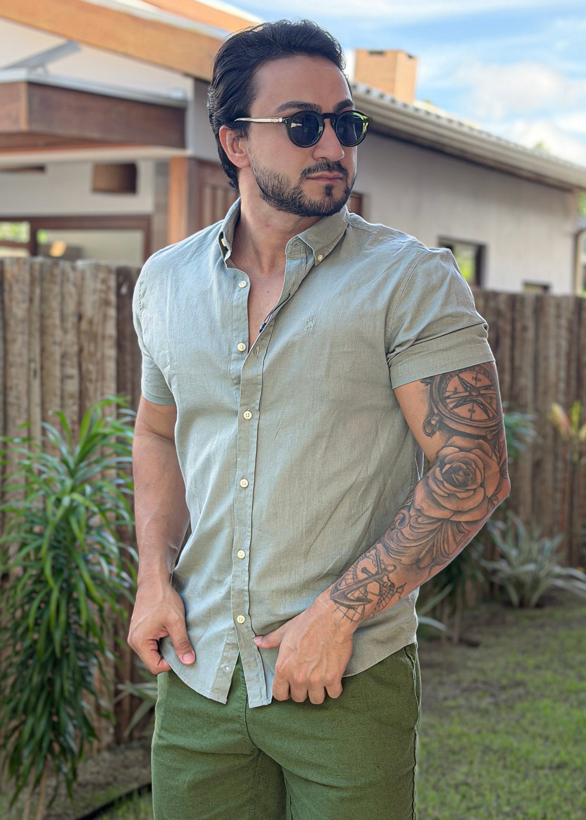 Camisa Linho Ralph Lauren M/C Verde