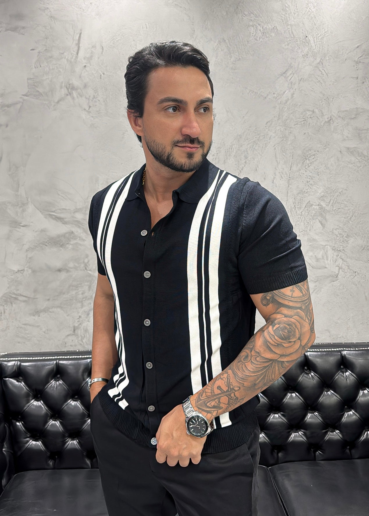 Camisa Tricot luxo Botão Preto