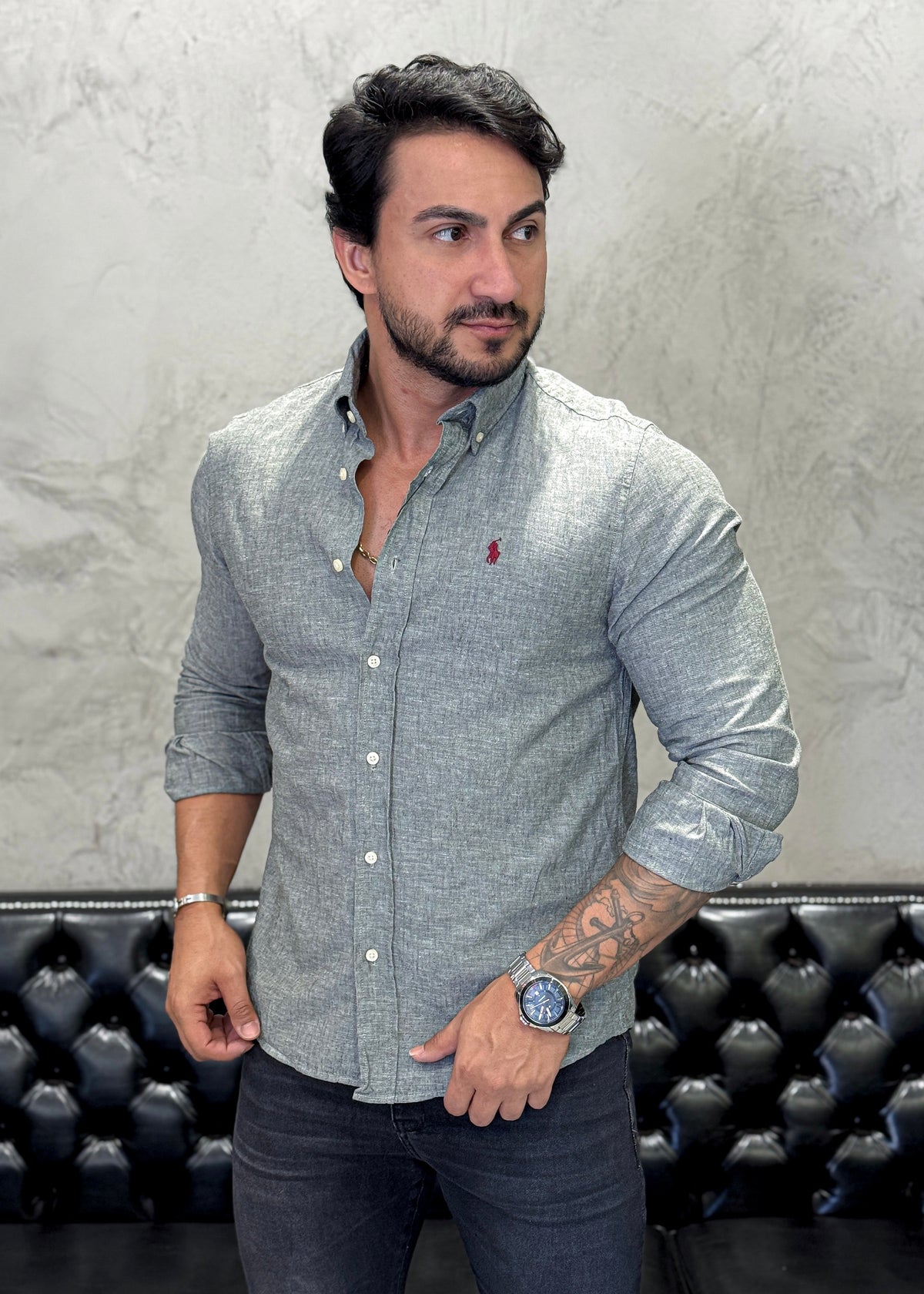 Camisa M/L Ralph Lauren Linho Cinza