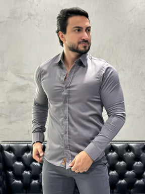 Camisa Acetinada c/ Elastano Slim Cinza