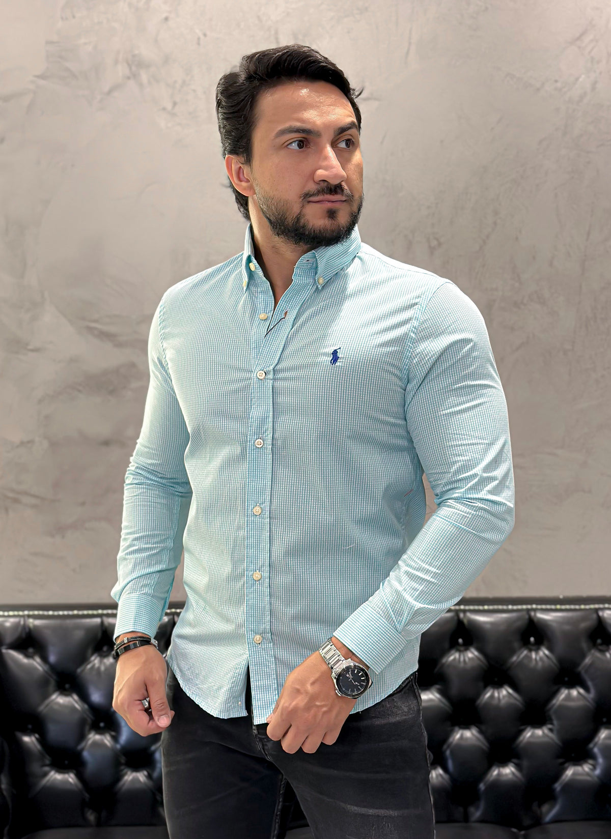 Camisa Ralph Lauren M/L Microxadrez Azul