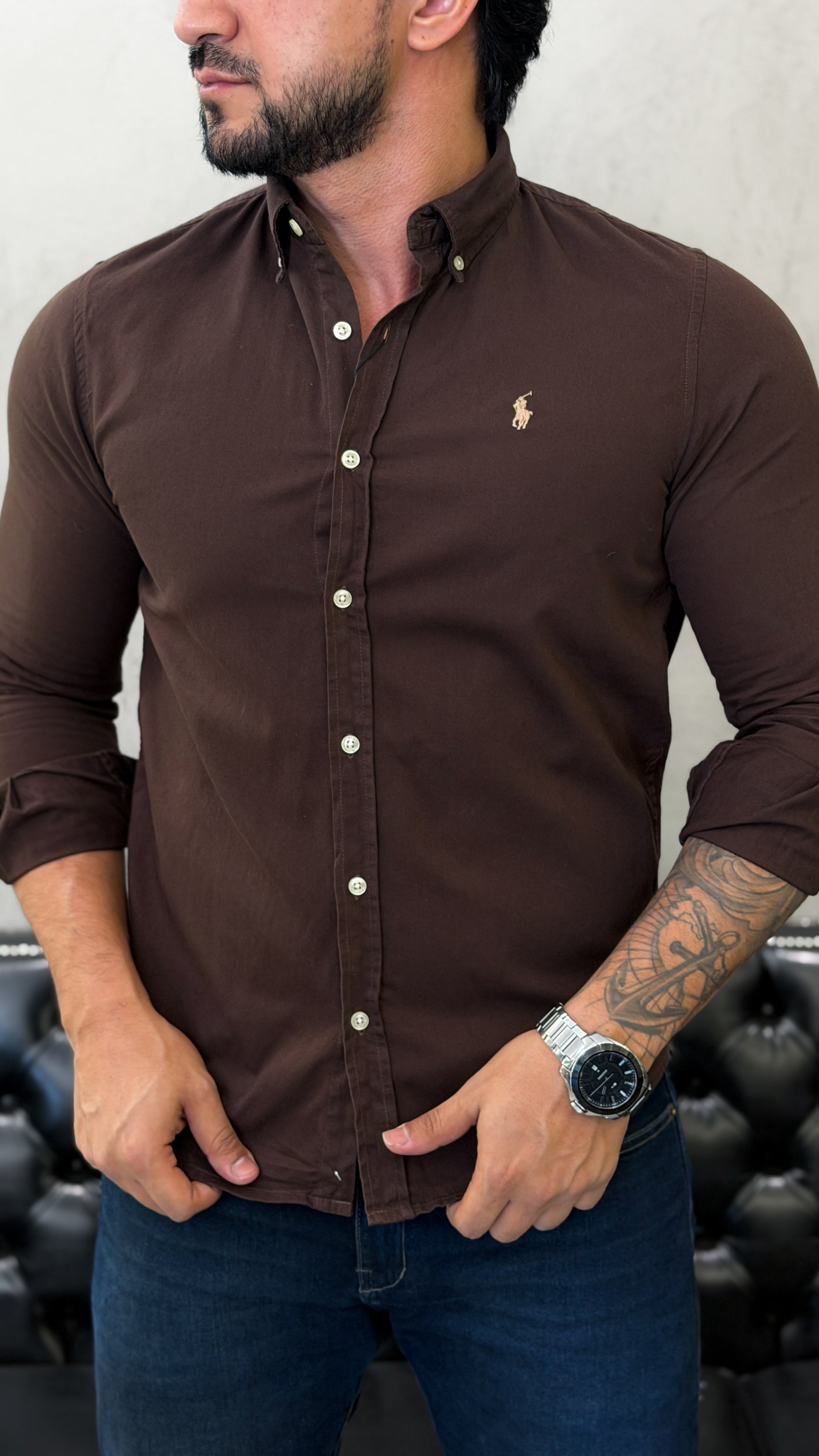 Camisa Ralph Lauren M/L Tinturada Marrom