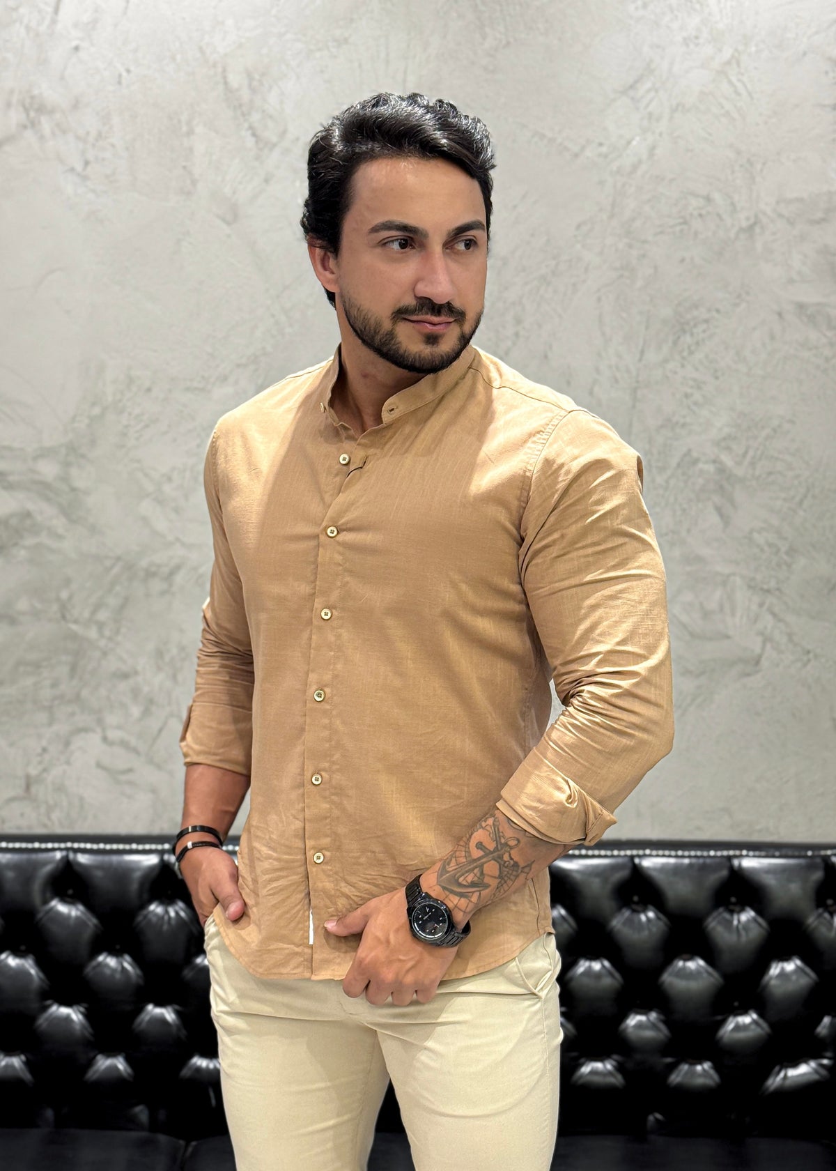 Camisa Super Slim Gola Padre Areia
