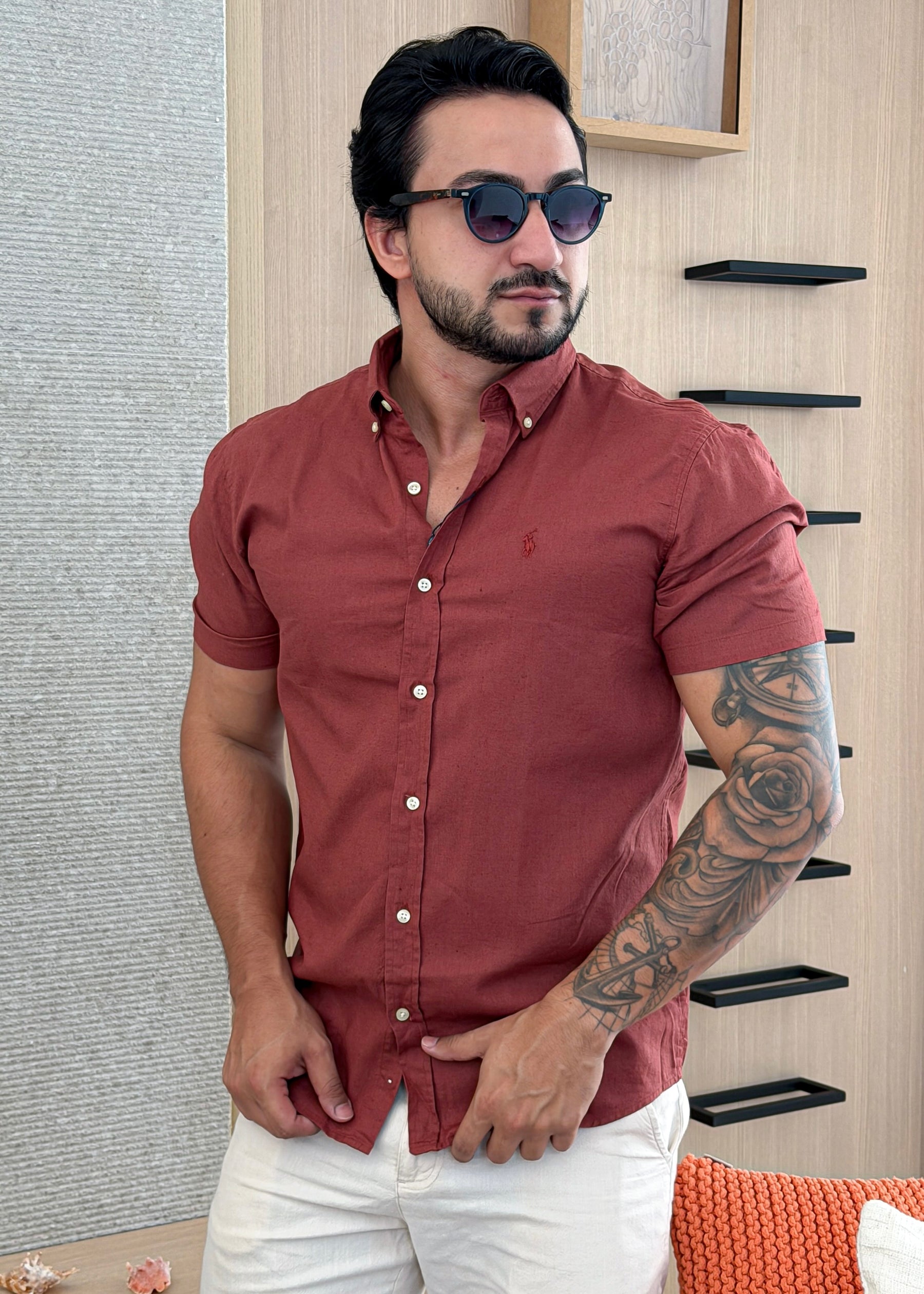 Camisa Linho Ralph Lauren M/C Bordo