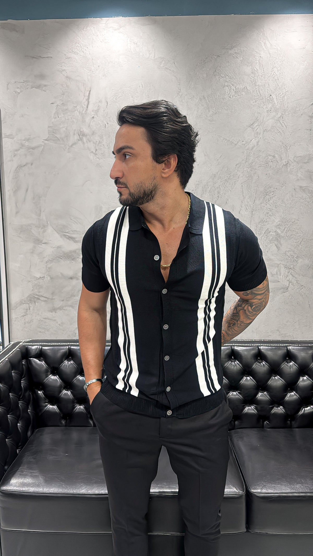 Camisa Tricot luxo Botão Preto